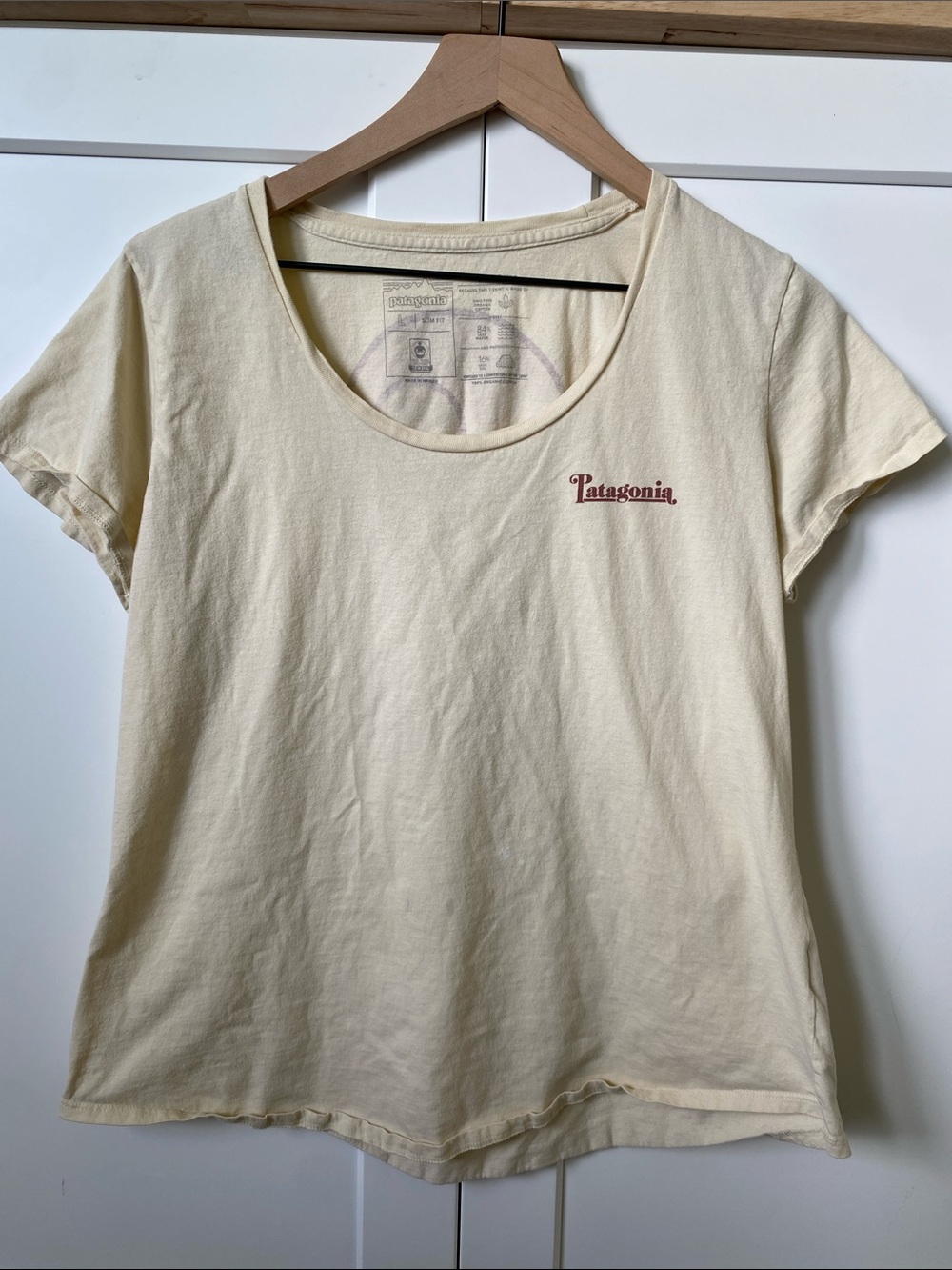 Patagonia Cream Short Sleeve Scoop Neck Tee with Red Logo